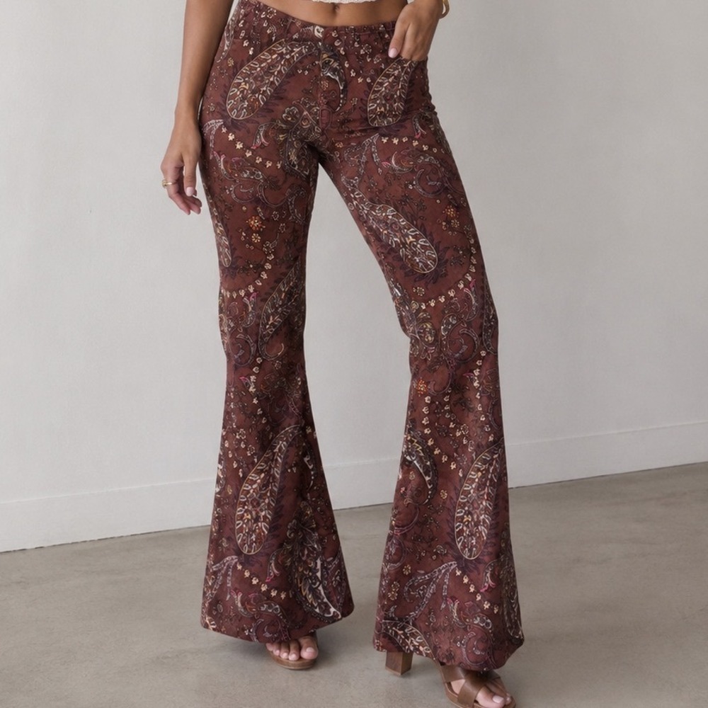 Cato Paisley Corduroy Flare Pants Brown Boho Retro High Rise Bell Bottoms 2P ee